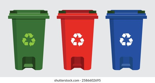 Trash cans isolated on white background. Waste bins with icons of ecological processing of products. 