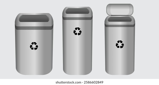 Trash cans isolated on white background. Waste bins with icons of ecological processing of products. 