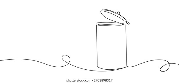 Trash cans with lids open in a single continuous line simple linear style.