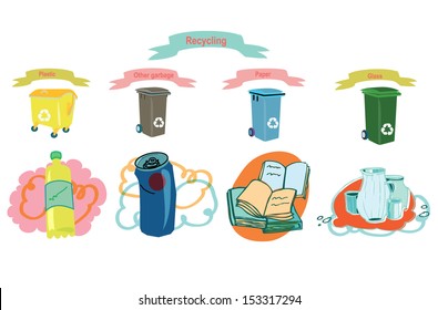 Trash cans and matching waste, trash that has to be distributed correctly.Vector illustration.