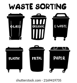 Trash cans with name of garbage set. Recycling of different materials. Vector silhouette illustration isolated on white background.