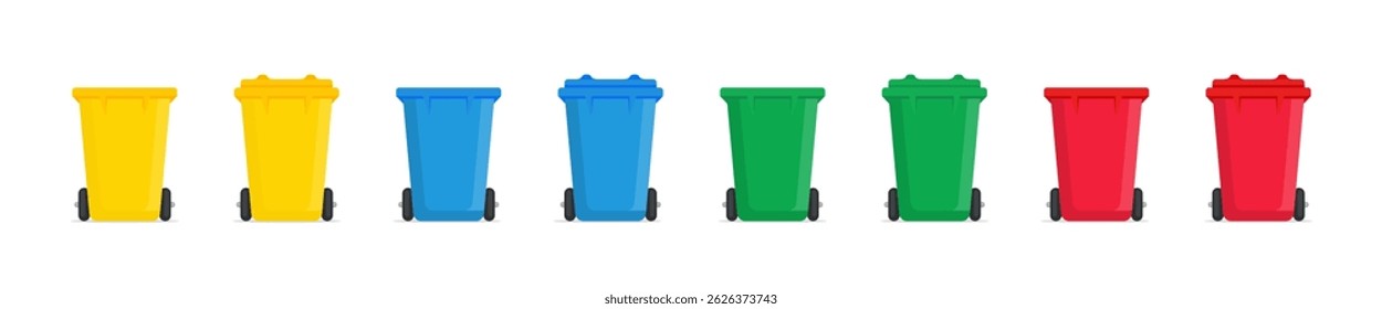 Trash cans on wheels in different colors, yellow, blue, green and red vector illustrations. Colorful rolling trash bins for waste sorting