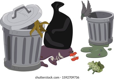 trash cans with puddles of mud