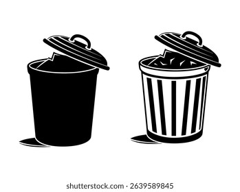 Trash Cans Silhouette Vector Graphic, Black and White Trash Cans Icons Set, silhouettes of trash cans, garbage, garbage can, waste, waste management, recycling, disposal, icon, icons, set, trash can.