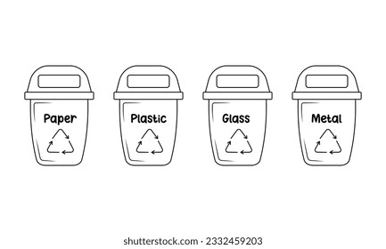 Trash cans with sorted garbage. Containers for paper, plastic, glass and metal in doodle style. Zero waste. Waste recycling. 