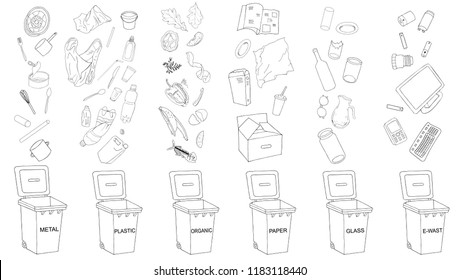 Trash cans with sorted garbage set. Different types of garbage: Organic, Plastic, Metal, Paper, Glass, E-waste. Vector collection of trash bins. Concept of Recycles Day and ecology. Hand draw outline