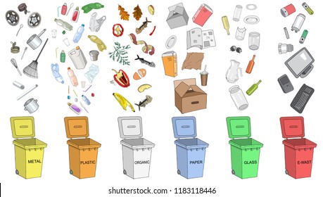 Trash cans with sorted garbage set. Different types of garbage: Organic, Plastic, Metal, Paper, Glass, E-waste. Vector hand draw collection of colorful trash bins. Concept of Recycles Day and ecology