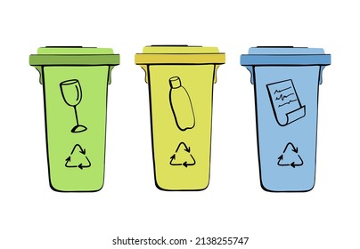 Basura con iconos de vectores de basura ordenados. lata de basura de contenedor para papel, plástico, vidrio en estilo doodle. Separación de botes de basura para reciclaje. Cañones de basura de color vector. Concepto de gestión de desechos.