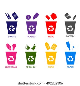 Trash categories. Recycle garbage bins. Separation concept. Set waste: plastic, organic, battery, glass, metal, paper. Environment protection.