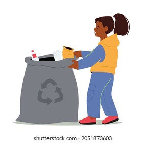 Trash Cleanup, Ecology Protection, Litter Recycling Concept. Little Girl Throw Garbage into Sack Isolated on White Background. Child Character Clean Park. Cartoon People Vector Illustration, Clip Art