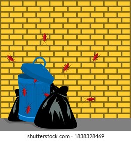 Trash with cockroaches. Vector Illustration on Brick wall background.	