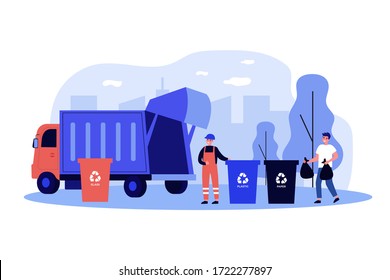 Transporte de recogida de basura. Hombre tirando basura a los contenedores con un signo de reciclaje. Ilustración de vectores para la industria de residuos, coche de basura, servicio de limpieza de la ciudad, concepto de clasificación de residuos