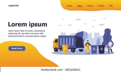 Trash collection transport. Man throwing trash into bins with recycling sign. Vector illustration for refuse industry, garbage truck, city cleaning service, waste sorting concept
