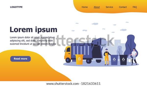 Trash collection\
transport. Man throwing trash into bins with recycling sign. Vector\
illustration for refuse industry, garbage truck, city cleaning\
service, waste sorting\
concept