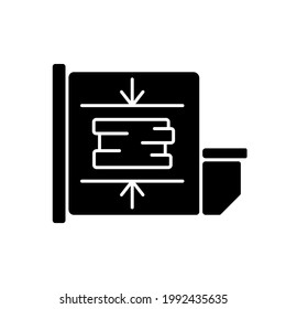 Trash compactor black glyph icon. Mechanism for reducing material size. Processing waste material, biomass through compaction. Silhouette symbol on white space. Vector isolated illustration