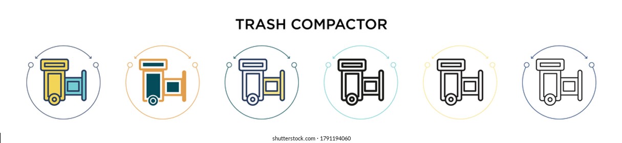 Trash compactor icon in filled, thin line, outline and stroke style. Vector illustration of two colored and black trash compactor vector icons designs can be used for mobile, ui, web