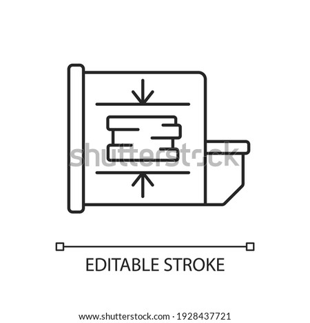 Trash compactor linear icon. Mechanism for reducing material size. Processing waste material. Thin line customizable illustration. Contour symbol. Vector isolated outline drawing. Editable stroke