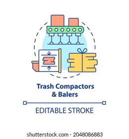 Trash compactors, balers concept icon. Garbage processing, compressing equipment. Recycling of waste abstract idea thin line illustration. Vector isolated outline color drawing. Editable stroke