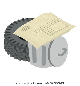 Trash concept icon isometric vector. Worn car tire, paper envelope and trash can. Garbage, environmental problem