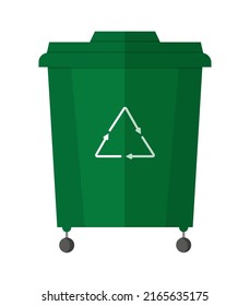 trash container. Flat green illustration on white background. 