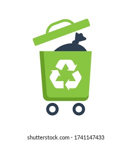 Trash container icon - garbage pack with recycle symbol - eco-friendly isolated vector emblem