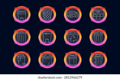 Trash container set icon. Line icons display bins with lids, garbage cans, waste baskets, push container, collection bin, disposal units, sanitation equipment, refuse storage concept.