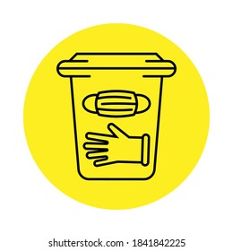 Trash Container For Used Masks And Gloves. Sticker Or Icon For Medical Waste. Vector Outline Symbol.