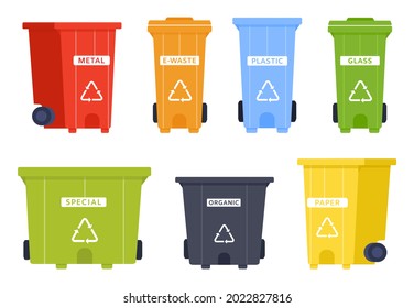 Trash container vector set with recycle icon. Garbage bin for metal, e-waste, plastic and glass, special and organic, paper rubbish. Containers for garbage sorting and environmental protection