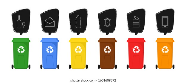 Trash containers in different colors with speech bubble, stock vector illustration, isolated on a transparent background. Cans or bins for paper, plastic, metal, organic waste, glass, electronic waste