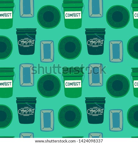 Trash containers for organic waste seamless pattern in greens. Repeating flat style composting bins front and top view on mint background. Greenish dropback with hand drawn compost dumpsters. Vector