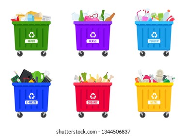 Trash containers with sorted trash: e-waste, paper, glass, plastic, organic, metal. Trash bins full of trash. Flat vector illustration, isolated on white.