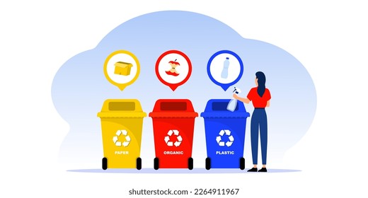 Trash containers with sorted trash for recycling. Sorting garbage by material and type in colored trash cans. Plastic pollution problem concept. Separation of waste on garbage cans for recycling