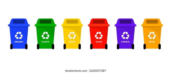 Trash containers with sorted trash for recycling. Sorting garbage by material and type in colored trash cans. Plastic pollution problem concept. Separation of waste on garbage cans for recycling