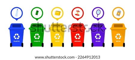 Trash containers with sorted trash for recycling. Sorting garbage by material and type in colored trash cans. Plastic pollution problem concept. Separation of waste on garbage cans for recycling