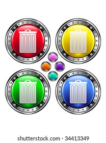 Trash or delete icon on round colorful vector buttons suitable for use on websites, in print materials or in advertisements.  Set includes red, yellow, green, and blue versions.