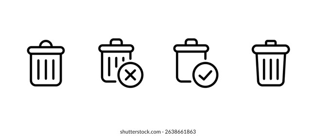 Trash and Delete line icon set. Recycle bin, remove file, clean data, garbage, delete symbol, digital trash, web interface, mobile app, file management vector. Thin UI PNG and transparent icon pack.