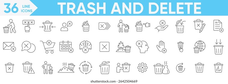 Conjunto de iconos de basura y línea de Borrar. Botón de Borrar, basura, borrar, basura, limpiar, desperdiciar, cancelar, Deshacer, lanzar, eliminar y más. Conjunto de Vector e ilustrador.