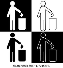 Trash disposal icon. Man removes trash. The cleaner removes trash in the bin. Vector image.