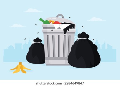 Trash disposed on the street with cityscape landscape in the background. Garbage can full of overflowing trash, flat design vector illustration. Stock illustration.