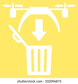 Trash Drone vector icon. Style is flat symbol, white color, rounded angles, yellow background.