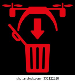 Trash Drone vector icon. Style is flat symbol, red color, rounded angles, black background.