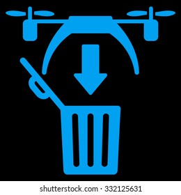 Trash Drone vector icon. Style is flat symbol, blue color, rounded angles, black background.