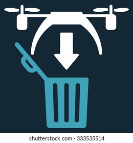 Trash Drone vector icon. Style is bicolor flat symbol, blue and white colors, rounded angles, dark blue background.