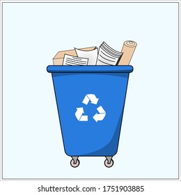 Trash dumpster with paper, for recycling. Segregate waste, sorting garbage, waste management. Vector illustration, flat.