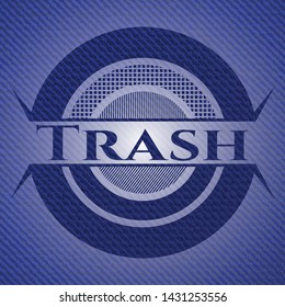 Trash emblem with denim texture. Vector Illustration. Detailed.