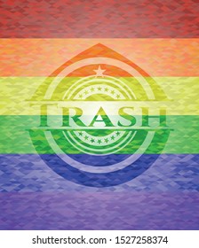Trash emblem on mosaic background with the colors of the LGBT flag