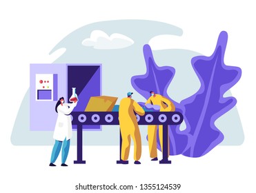 Trash Factory Production Line Recycle Sorting Garbage. Industrial Recycling Service Process. People Worker at Paper Disposal Conveyor. Prevent Environment Pollution Flat Cartoon Vector Illustration