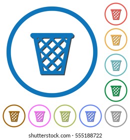 Trash flat color vector icons with shadows in round outlines on white background