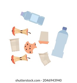 Trash flat icon with isolated bottles paper apples cores vector illustration
