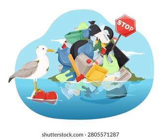 Trash floating in ocean with seabird in clean graphic style on blue water background showing pollution concept. Vector illustration